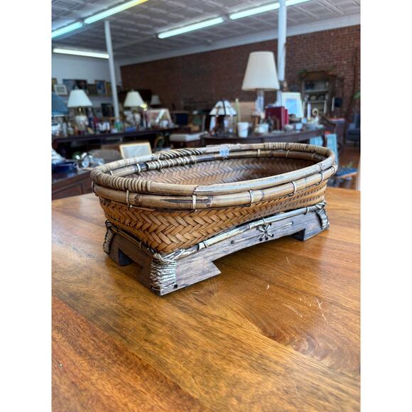 Handmade Thai Woven Wicker Basket with Footed Wood Base and Bamboo Trim - Picture 4 of 5